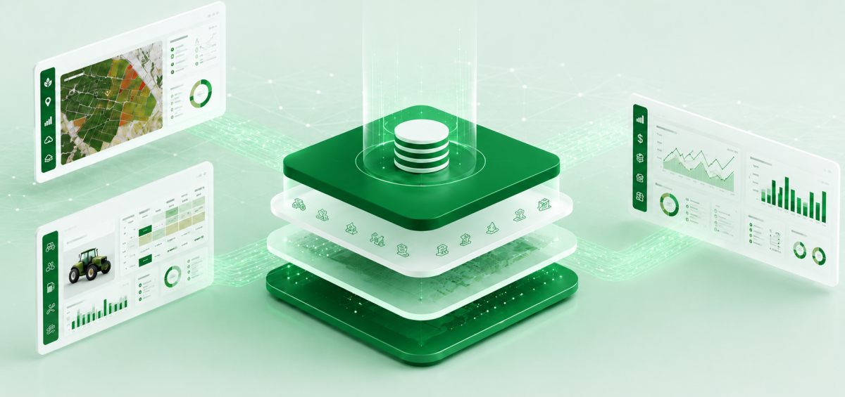 Layered data stack representing a shared operating record, surrounded by three linked views: an agronomy field map, an operations equipment and scheduling dashboard, and a finance cost and revenue dashboard.