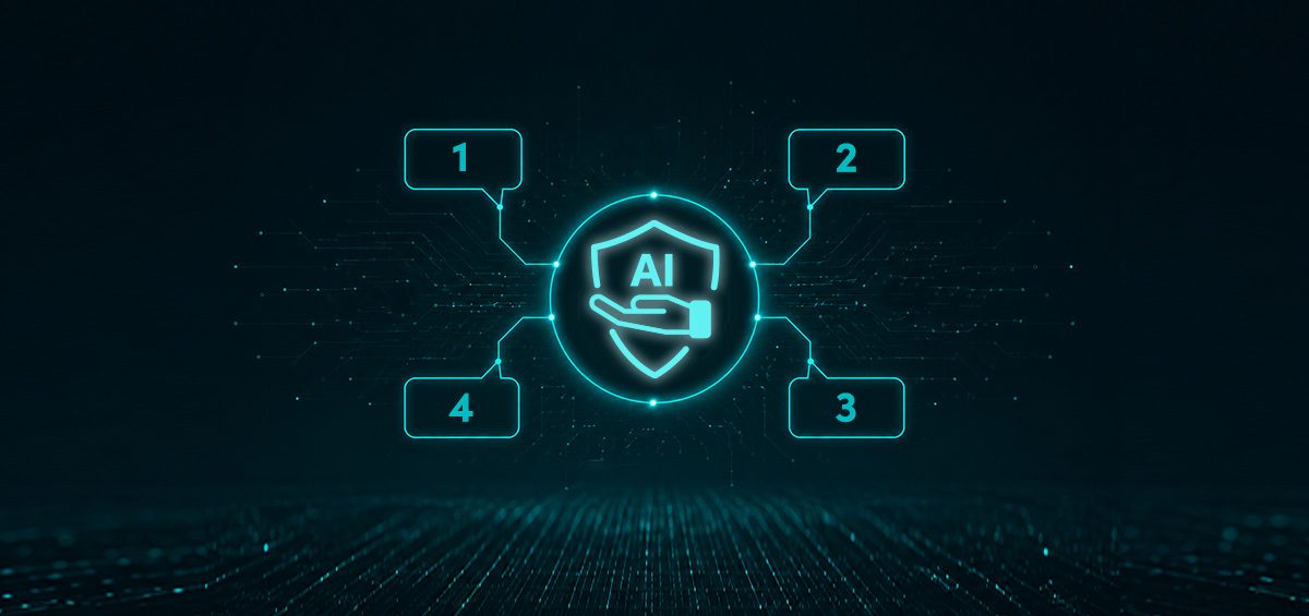 Abstract AI advisory icon: a shield with a chat bubble and a hand, surrounded by four numbered connection points, on a dark teal technology-themed background.