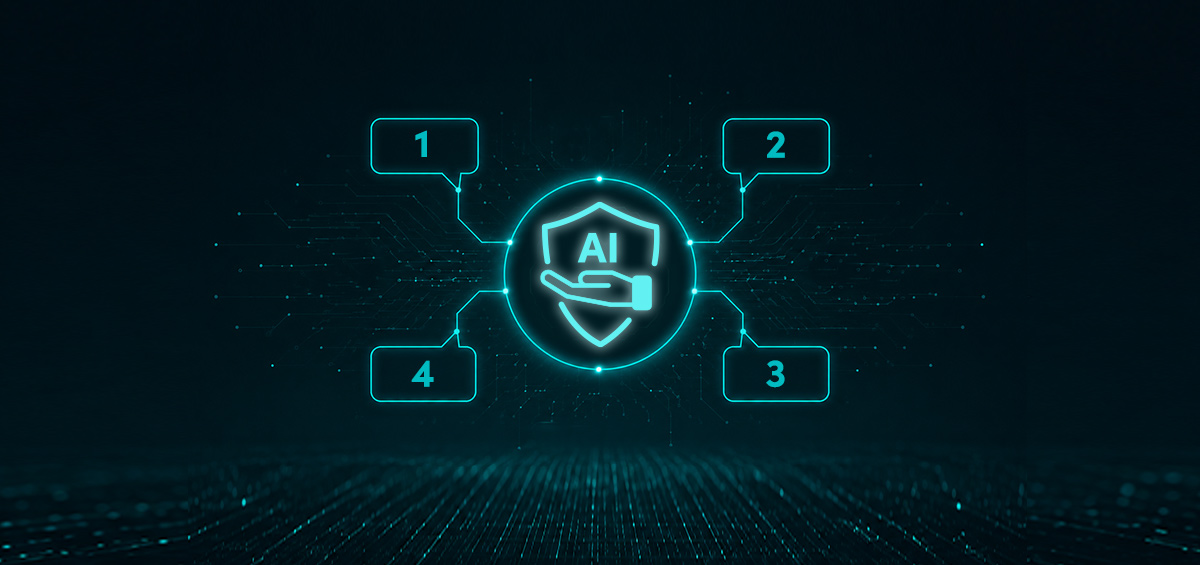 Abstract AI advisory icon: a shield with a chat bubble and a hand, surrounded by four numbered connection points, on a dark teal technology-themed background.
