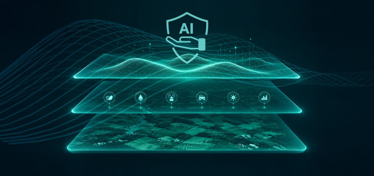 Layered AI data structure over an aerial farm map, with icons for crop, water, people, equipment, weather, and yield data feeding into a shield-protected AI advisory layer.