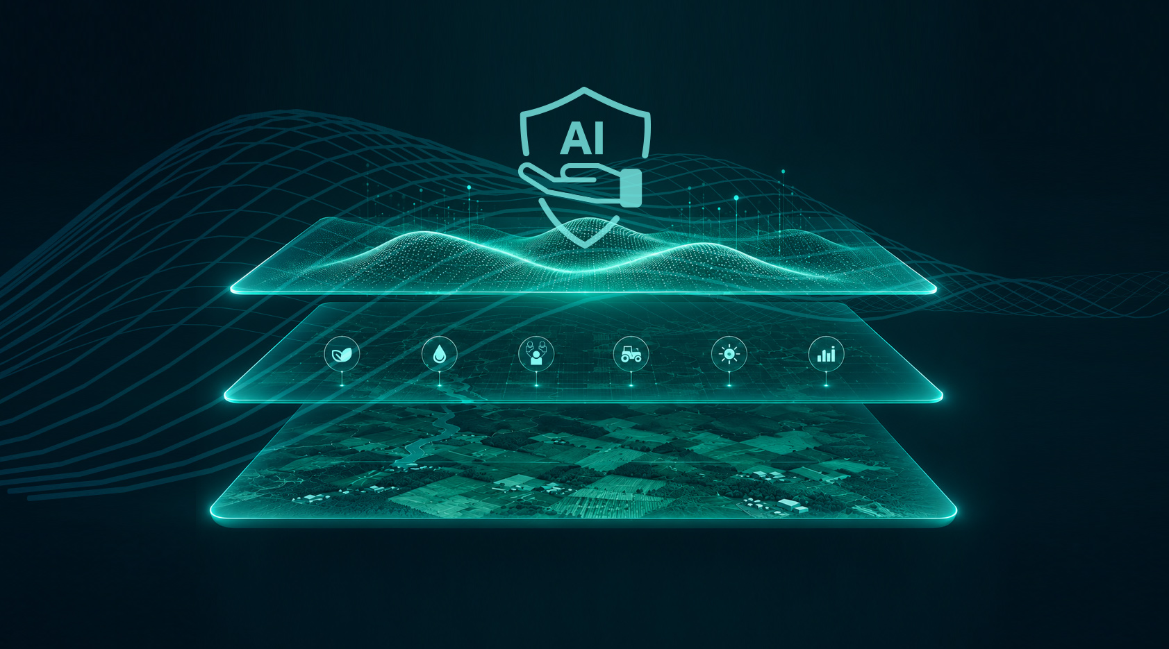 Layered AI data structure over an aerial farm map, with icons for crop, water, people, equipment, weather, and yield data feeding into a shield-protected AI advisory layer.