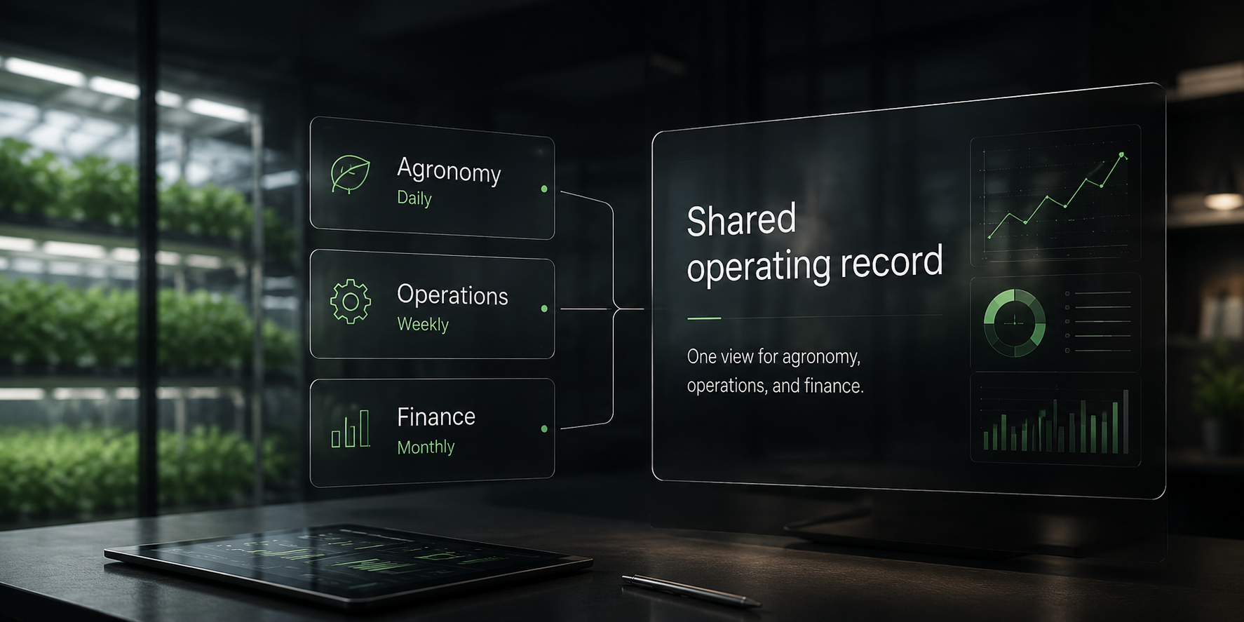 Diagram showing three separate data timelines (agronomy daily, operations weekly, finance monthly) and the shared operating record that aligns them.