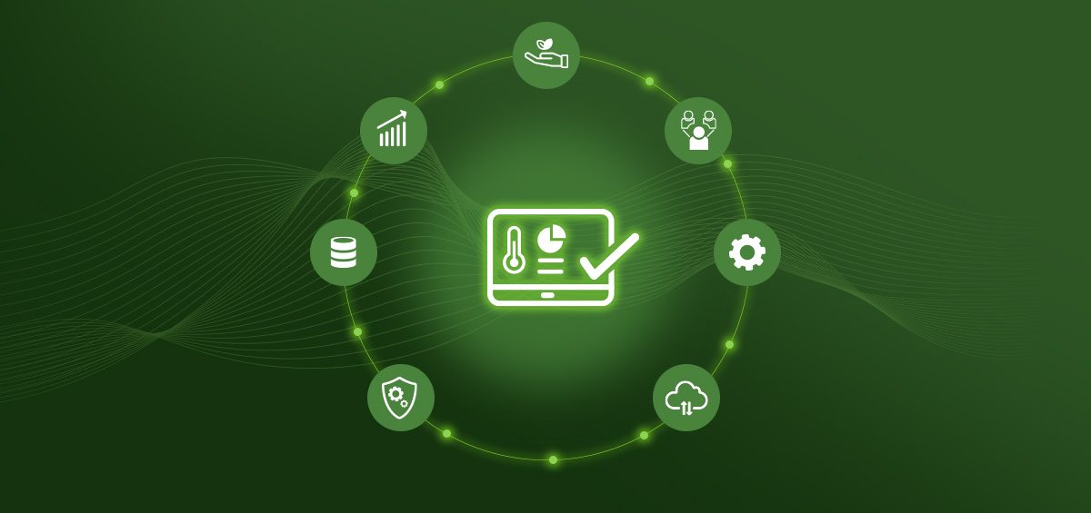 Farm management software operating foundation connected to seven enterprise evaluation standards for agriculture depth, reliable records, economics, integration, adoption, accountability, and support.