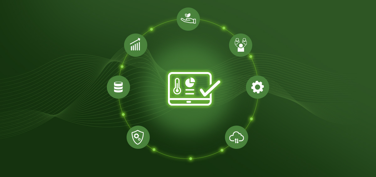 Farm management software operating foundation connected to seven enterprise evaluation standards for agriculture depth, reliable records, economics, integration, adoption, accountability, and support.